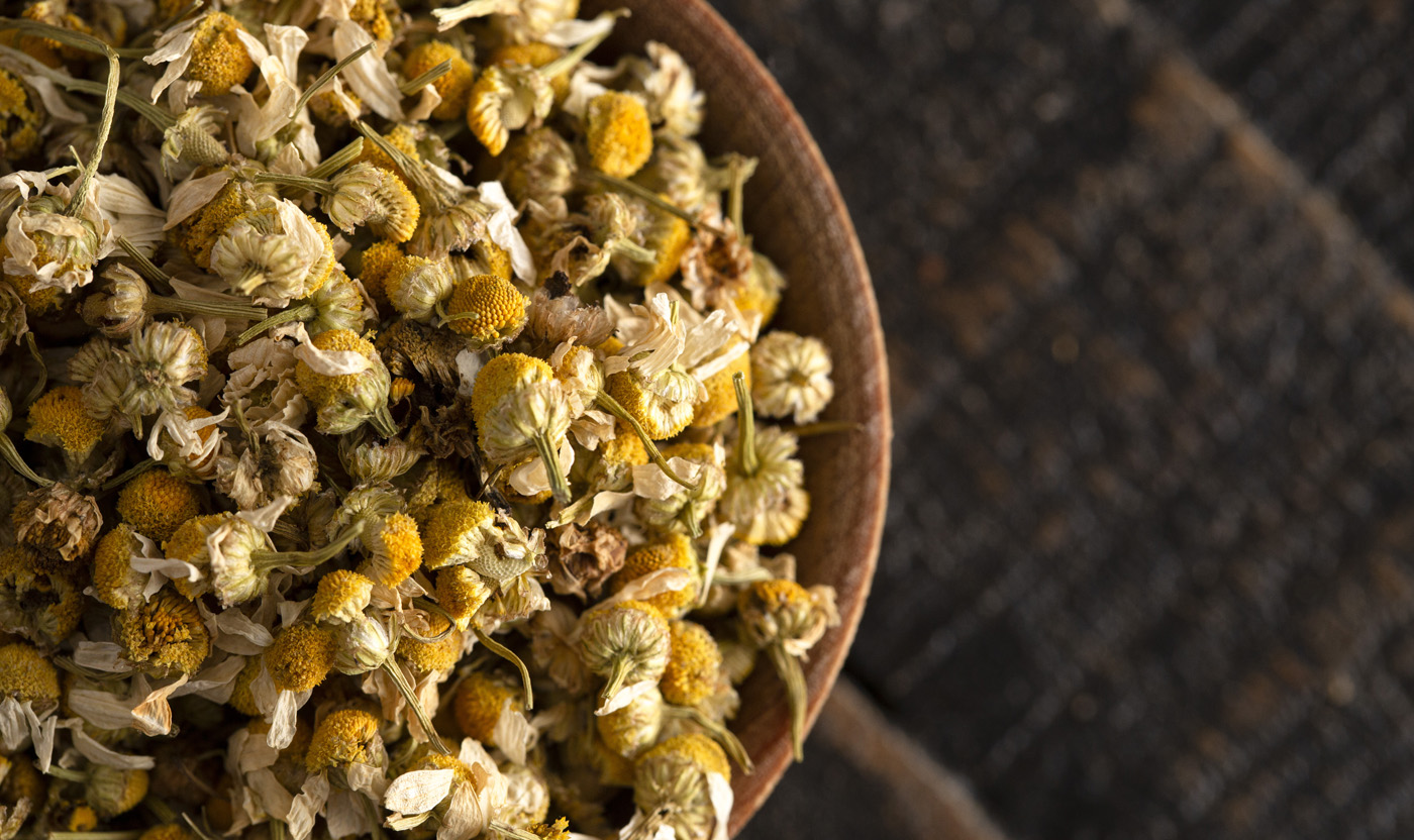 medicinal-garden-kit-3 Bowl of Dried Chamomile Flowers on a Wooden Table