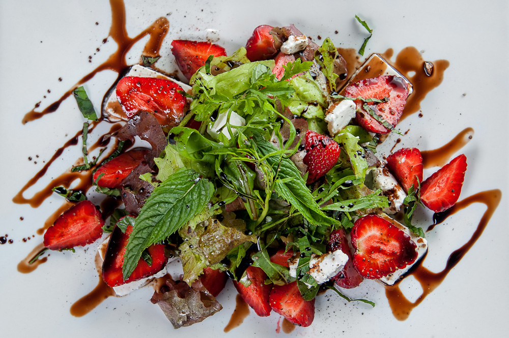 salad with strawberries, feta cheese and balsamic sauce, mint salad with strawberries, feta cheese and balsamic sauce, mint