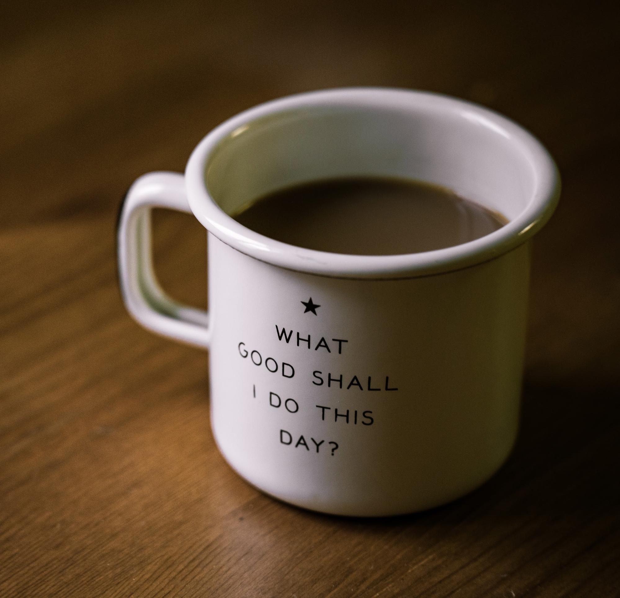 coffee cup with the words 'what shall I do this day' coffee cup with the words 'what shall I do this day'