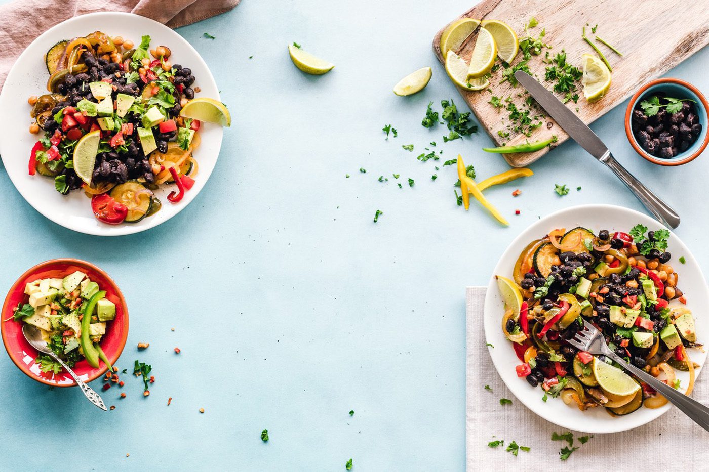 plant based meal prep and plated foods