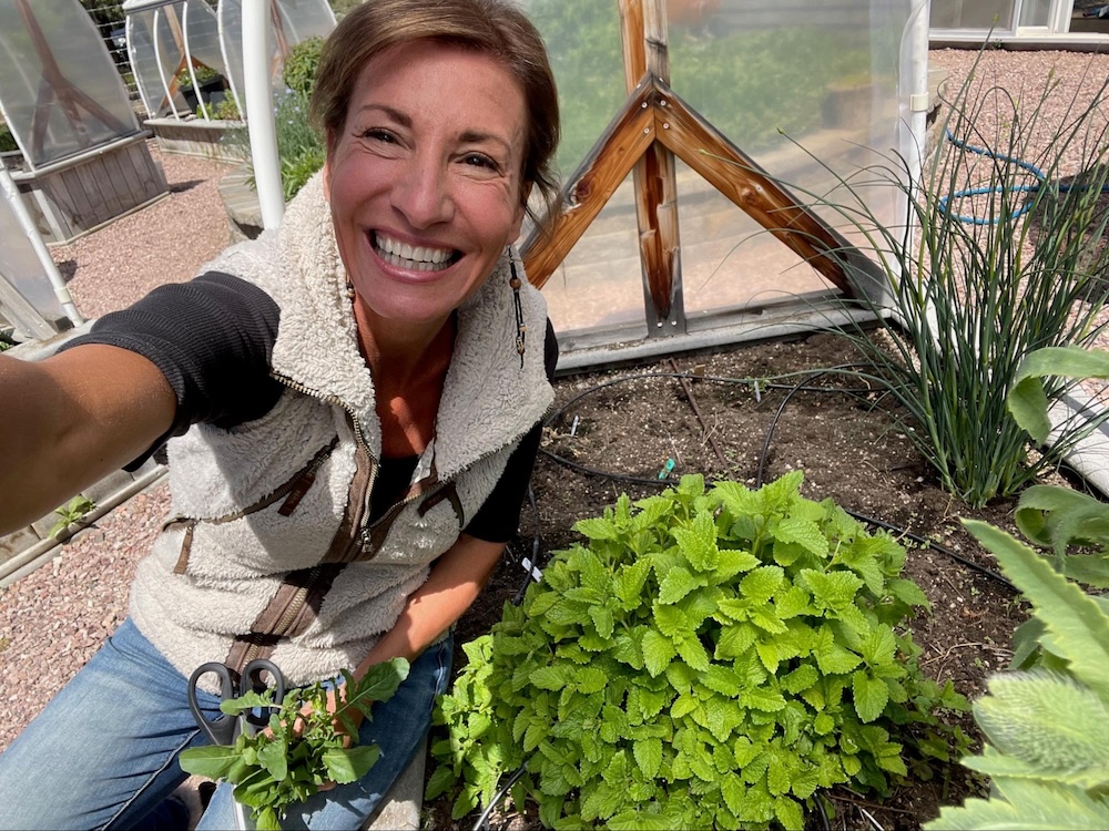 Nicole Apelian with lemon balm in raised bed Nicole Apelian with lemon balm in raised bed