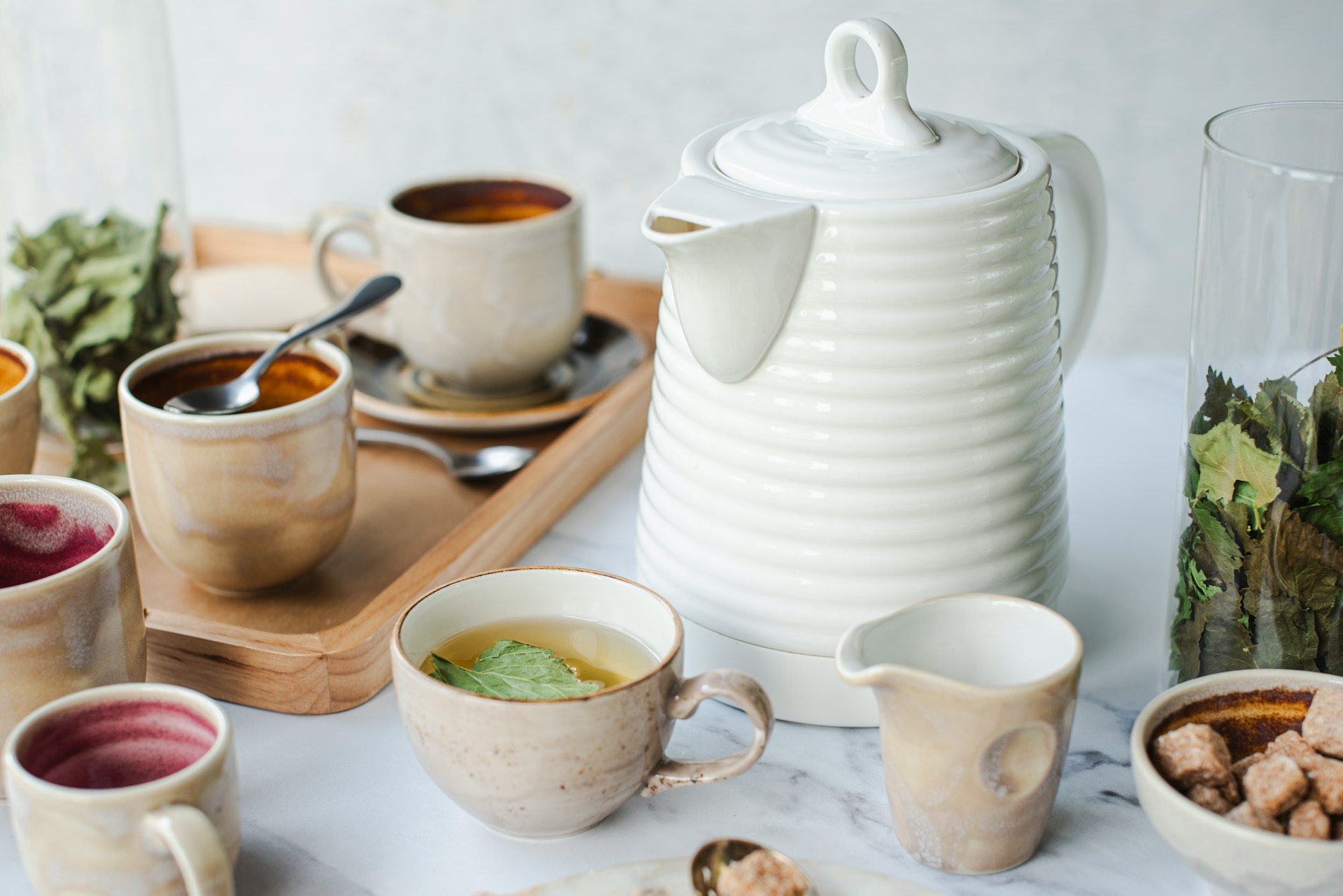 pot of tea and cups pot of tea and cups