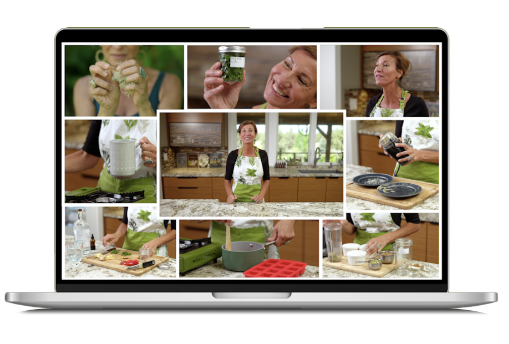 laptop screen with shots of Nicole Apelian teaching from the kitchen