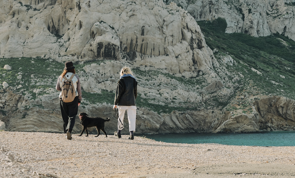 walking dog on beach